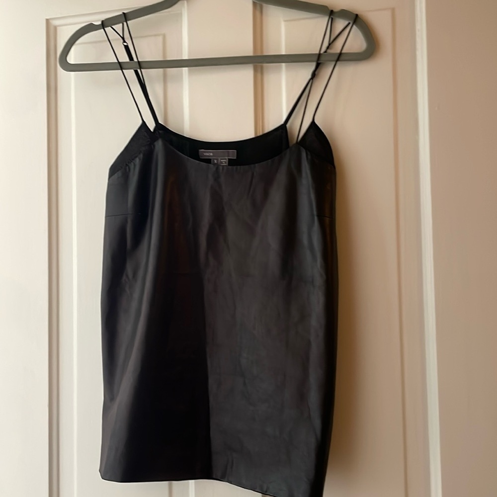 Vince black tank with faux leather, sheer back